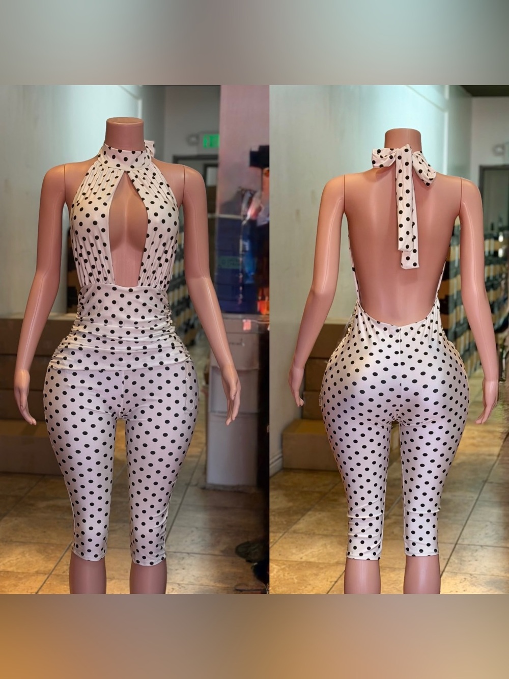 Polka Dot Halter Cutout Jumpsuit - Brown with White Dots - Picture 5 of 5